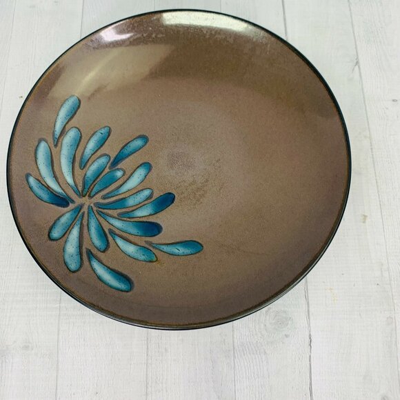 Pier 1 One BLUE MUM Stoneware Off Center Petal On Brown Coupe Dinner Plates of 3 - Picture 2 of 9